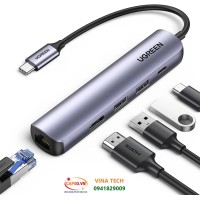 Bộ chuyển đổi USB Type-C Ugreen 10919 sang HDMI 4K@60Hz + 2xUSB 3.0 + Lan 1Gbps + PD100W Cao cấp